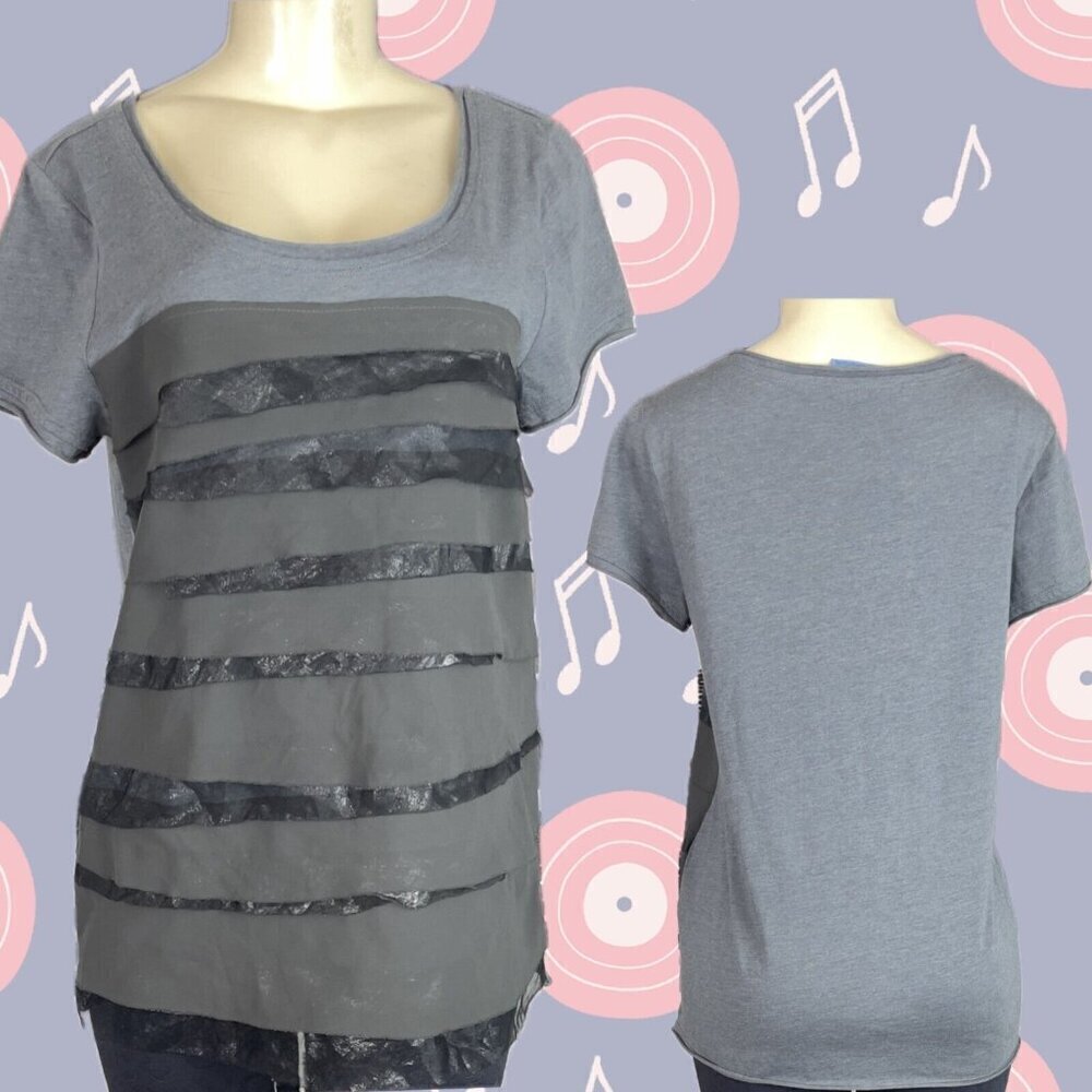 Simply Vera Vera Wang L Gray Metallic Mesh Layers Scoop Neck Short Sleeve Tee